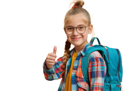 Cheerful schoolgirl wearing glasses, colorful plaid shirt and teal backpack, giving a thumbs-up gesture on transparent background.