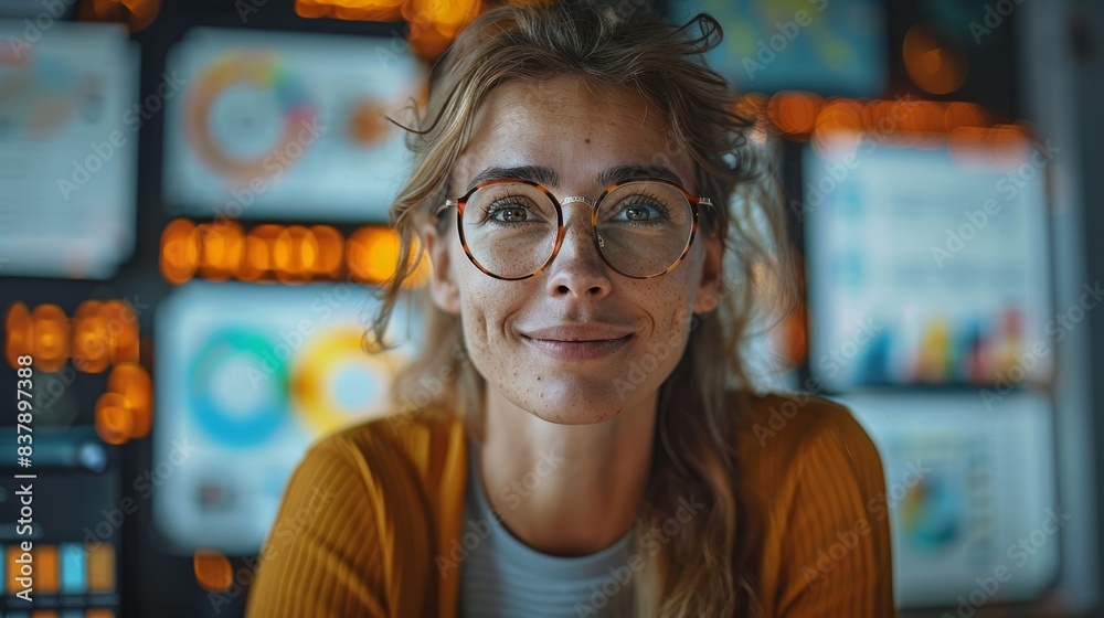 Poster a creative digital marketer, deeply engrossed and smiling, surrounded by vibrant screens displaying 