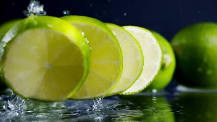 Lime slices fall into the water on yellow background Super slow-mo 1000 fps