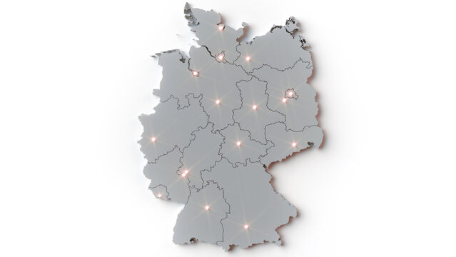 3D Rendering of Germany Map with State Capitals Highlighted