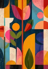 Retrostyle poster with colorful shapes in minimalist textile design, featuring abstract floral forms, muted palettes, animated mosaics, and curvilinear shapes. Great for mid-century modern interiors
