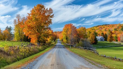 Fototapeta premium Colorful fall scene with brilliant foliage of a rural road in Manchester, Vermont.
