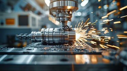 High-precision CNC machining center working, operation of metalworking machine with a lot of spark, industrial manufacturing concept. Generative AI.