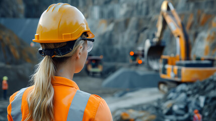 Woman in safety gear overseeing mining operations.