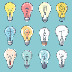 Creative lightbulbs illustrations showcasing various concepts ideas, lightbulb has unique symbol representing creativity innovation. Pastel background enhances colorful design lightbulbs