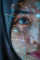 A closeup of a woman face wearing hijab with futuristic digital symbols, lines illuminating her face, focus on her pupils 
