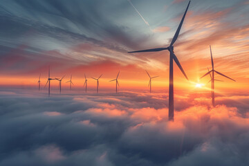 wind turbines on mountain with fog at sunset. renewable and sustainable energy