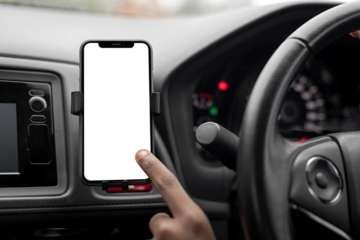 Transparent phone screen mockup png in a smart car