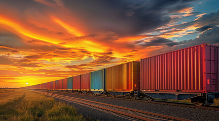 Fototapeta premium A colorful train with cargo containers is moving along the railroad tracks against a sunset sky background. Generative AI.
