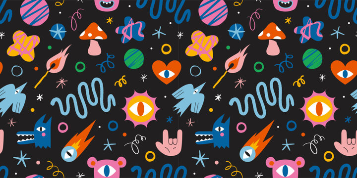 Seamless pattern with funny cartoon shapes and characters like bird, monsters, curves and stars. Trendy modern vector illustration on black background, hand drawn, textured effect, flat design