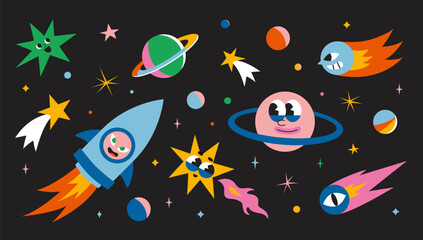Cute outer space set. Cosmic bundle with funny cartoon characters, spaceships, planet, comet and stars. Trendy modern vector illustration, hand drawn, flat design © WinWinFolly