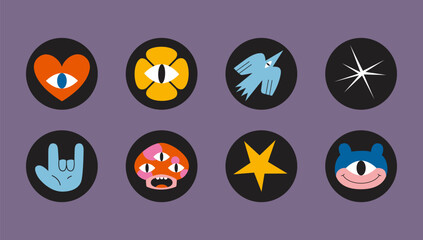 Set of various vector highlight stories covers with funny cartoon shapes and characters. Trendy modern design. Hand drawn templates. Round icons for social media stories