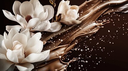 white lily on brown background with chocolate brown paint splash 