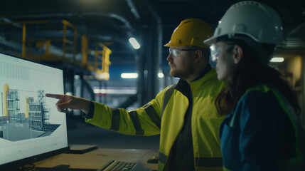 Two engineers wearing hard hats and safety vests stand in front of multiple computer screens displaying a 3D model of a factory. The engineers are likely reviewing the manufacturing process of the
