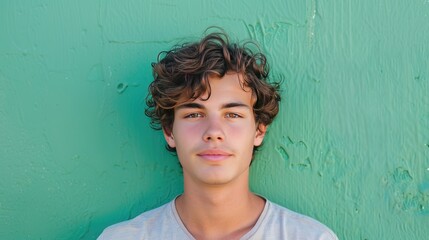 Naklejka premium Handsome young man with curly hair in front of a green background wall.