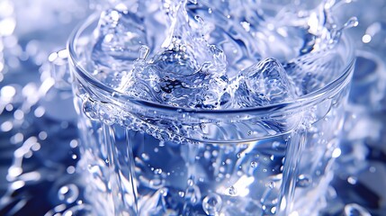 Close-up of a glass filled with ice cubes and water, highlighting refreshing coolness and purity in a crystal clear setting.