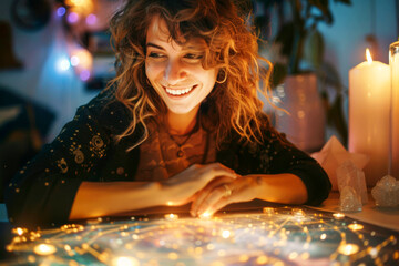 Tarot reading session with candles, crystals, and ancient cards.