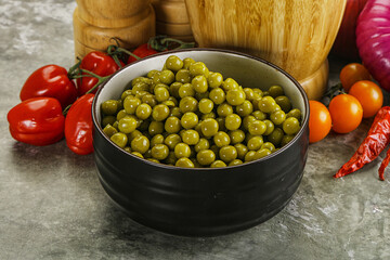 Sweet canned young green peas