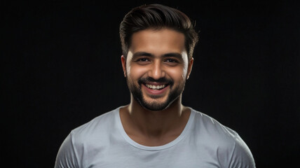 Fototapeta premium portrait of a man or bodybuilder smiling with Ashe color background wearing a Solid with half sleeve t-shirt