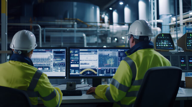 Two engineers wearing hard hats and safety vests are seated in front of computer monitors, monitoring a manufacturing process in a factory. The monitors display various data and graphs related to the