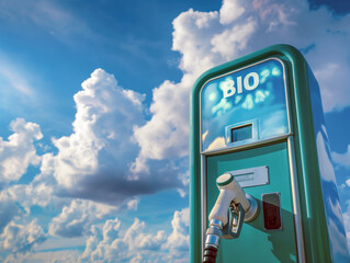 Fototapeta premium BIO fueling station, fuel dispenser and pump in front of blue sky and clouds. Eco-friendly fuel for vehicle. Reducing gas emission.