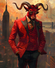 Fashionable devil in a chic suit, modern cityscape, sharp and stylish