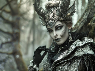 Glamorous devil in couture, adorned with silver accessories, mystical forest backdrop