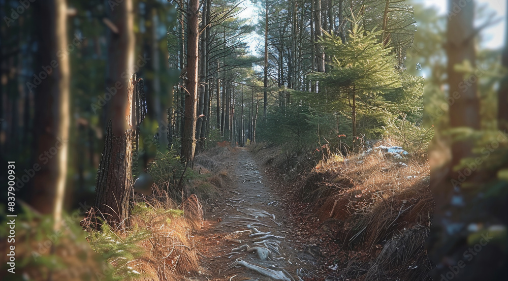 Poster a panoramic image with beautiful forest for hiking activities. generative ai.
