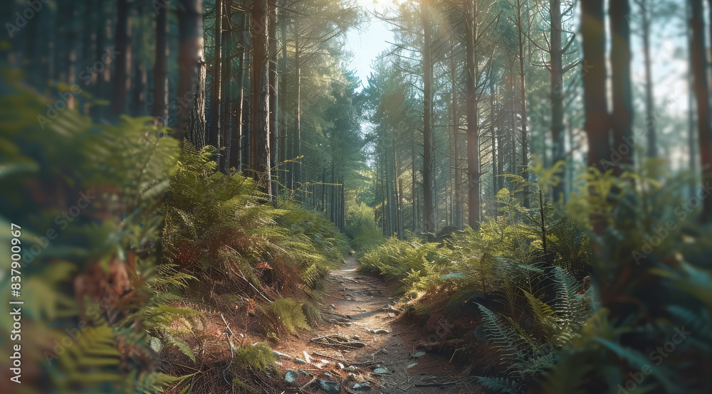 Poster a panoramic image with beautiful forest for hiking activities. generative ai.