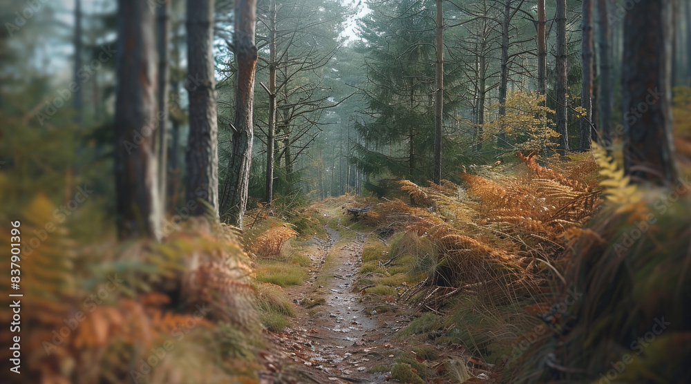Poster a panoramic image with beautiful forest for hiking activities. generative ai.