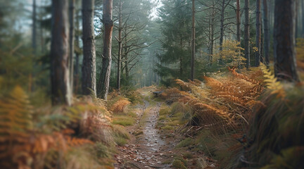 Obraz premium A panoramic image with beautiful forest for hiking activities. Generative AI.