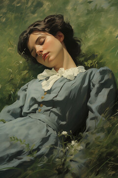 painting of 19th century taking a nap in the fields
