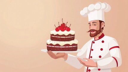 Food. Editable Social Post Banner ads.Hen Chef carried cake in his hand.Culinary Social Media post template.Horizontal Poster.Cooking Banner. banner for restaurant or cafe.