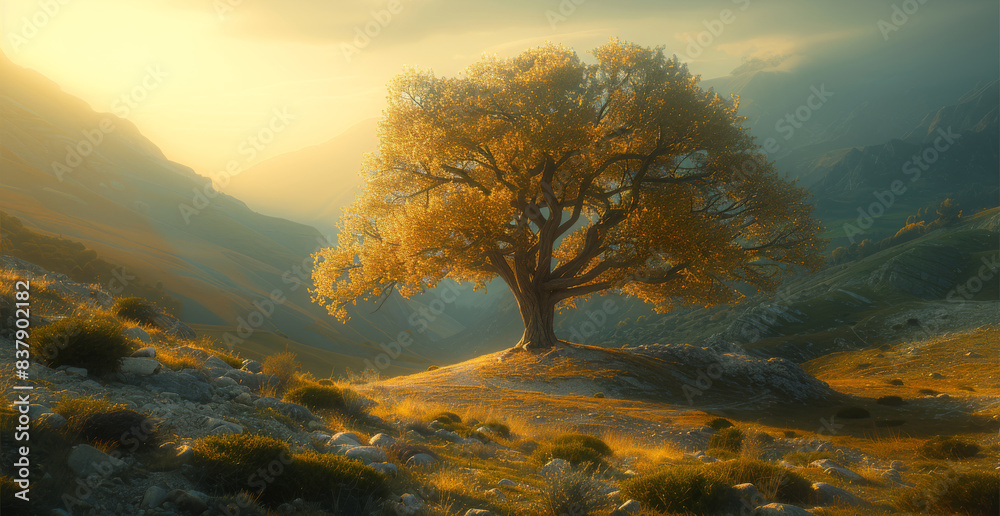 Poster a giant mulberry tree glowing golden light hiding in the mountain. generative ai.