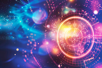 Obraz premium Vibrant astrological symbols in a colorful, cosmic background.