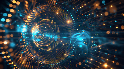 abstract futuristic background with glowing blue and golden circular shapes, technology concept