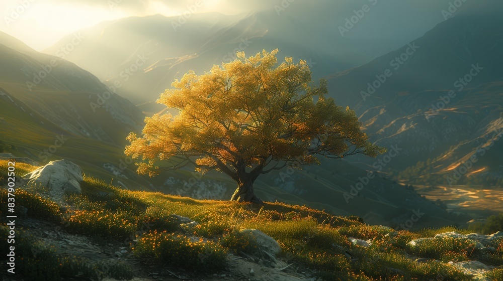 Poster a giant mulberry tree glowing golden light hiding in the mountain. generative ai.