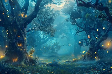 enchanting fantasy forest glade bathed in ethereal moonlight luminous fireflies dancing among ancient twisted trees aigenerated dreamy landscape