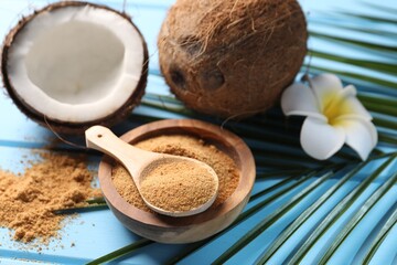 Coconut sugar, palm leaves, fruits and flower on light blue wooden table, closeup