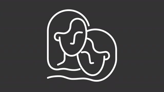 Animated gemini white icon. Female faces line animation. Astrological sign. Twins illustration. Horoscope. Isolated illustration on dark background. Transition alpha video. Motion graphic