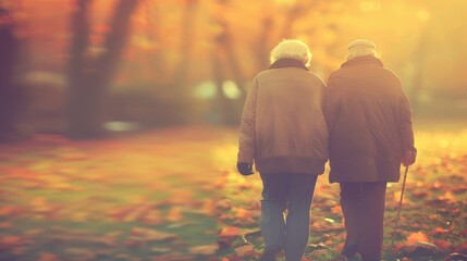 Rear view of an elderly couple walking in a sunlit park during autumn. Ideal for concepts of love, companionship, and aging gracefully.
