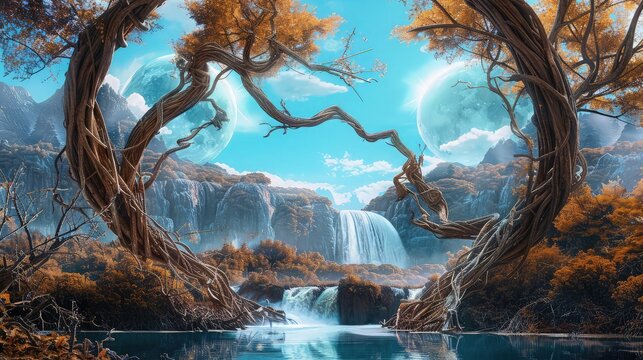 Magical fantasy landscape featuring ancient trees framing a tranquil pool reflecting waterfalls under a bright sky with a large celestial body, ideal for fantasy book covers.