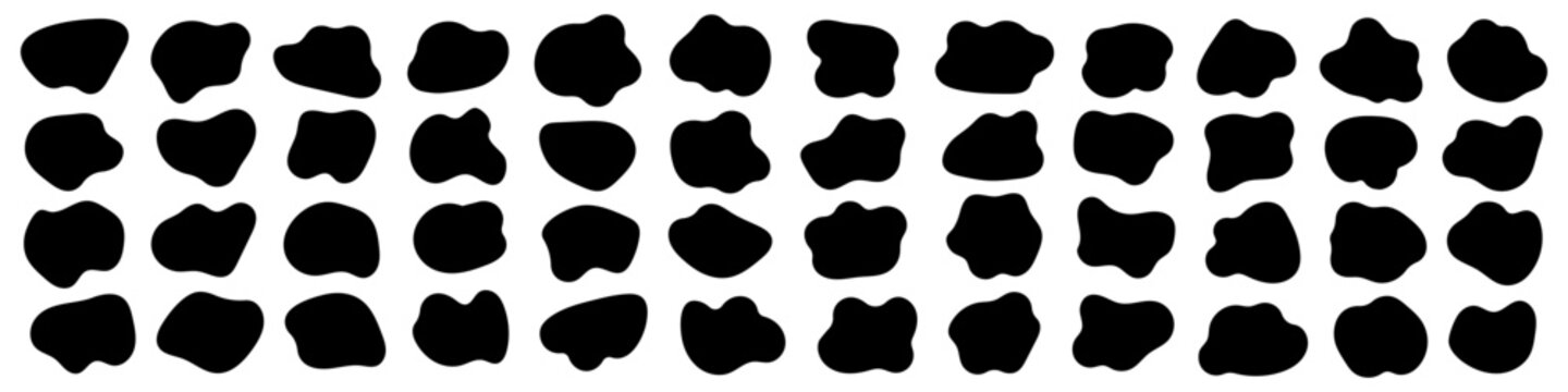 Amoeba, irregular, freeform black blob shape vector illustration set	