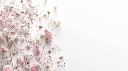 Minimalist floral design with delicate pink and white flowers on thin branches against a white background, creating an elegant and airy composition.