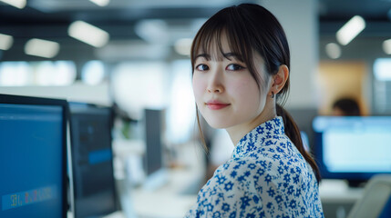 Dynamic asian Digital Marketing Specialist in Modern HR-Tech Office Setting