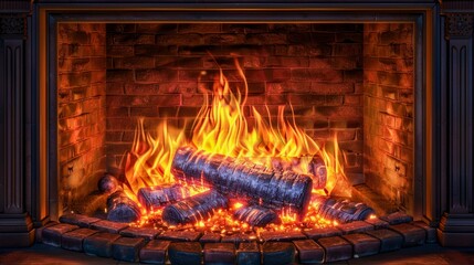 Warm, cozy fireplace with glowing logs and vibrant flames, perfect for winter nights and creating a relaxing atmosphere.