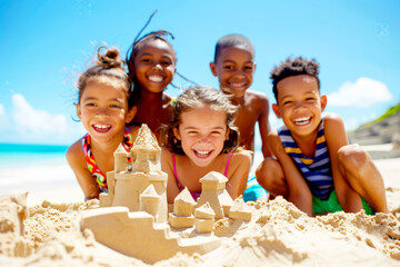 Group of happy children building a sandcastle on a sunny beach.