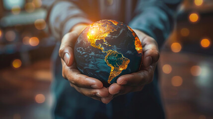 Fototapeta premium Hands holding illuminated globe, symbolizing global connection, unity, and environmental awareness. Background with bokeh lights.
