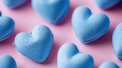 Obraz premium A pattern of light blue heart-shaped mints or candies is arranged on a smooth pink surface, offering clean space for baby shower or general affection messaging.
