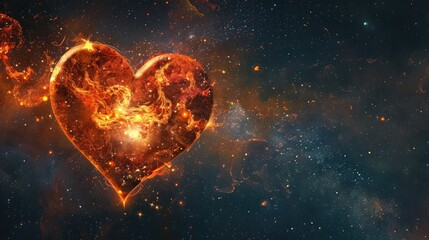 Heart as a symbol of love in the vastness of the universe with a lone star and a flame along the contour. Valentine's Day card.